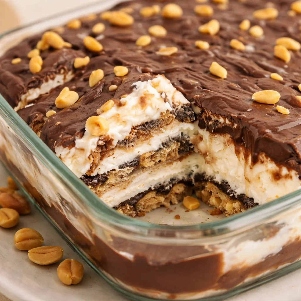 Buster Bar Ice Cream Cake with layers of ice cream, fudge, and Oreo crust