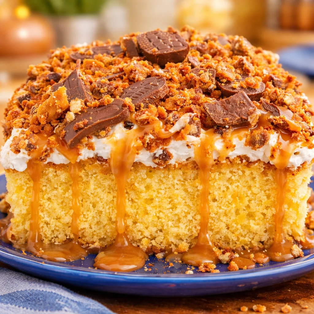 Delicious Butterfinger Poke Cake with caramel sauce and crushed Butterfinger pieces.