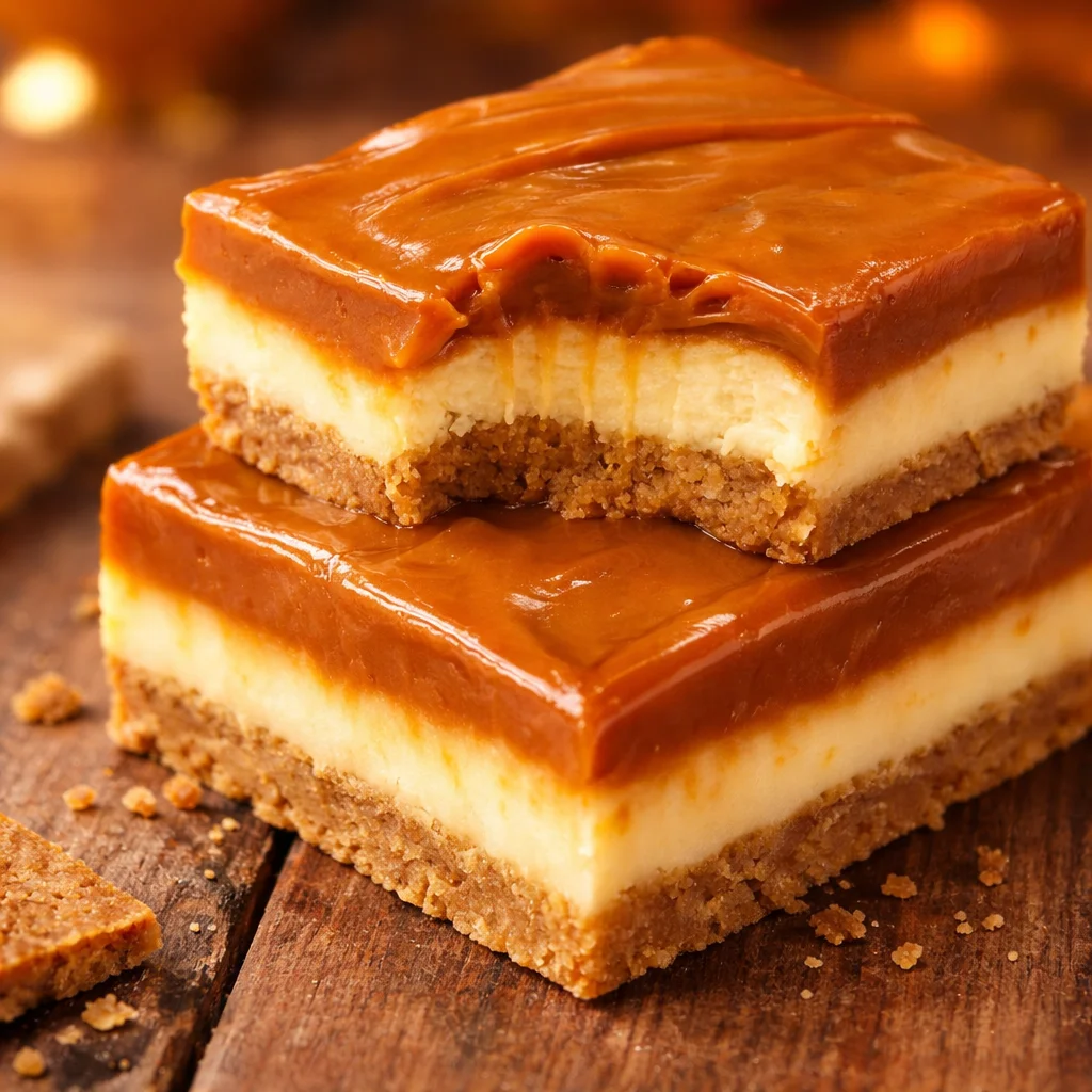 Delicious Caramel Cheesecake Bars with graham cracker crust and swirls of caramel