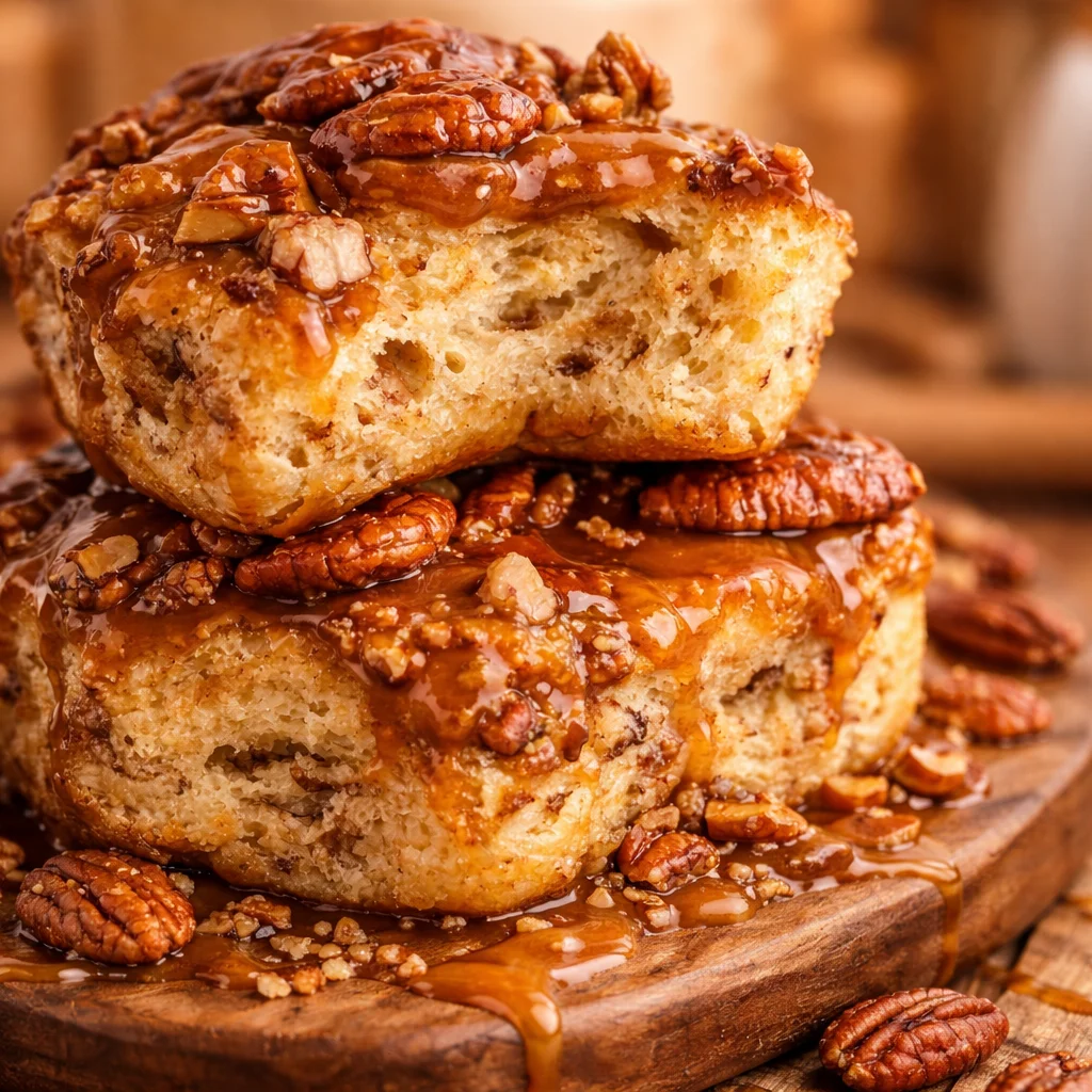 Decadent Caramel Pecan Cinnamon Rolls with drizzled caramel topping and pecans.