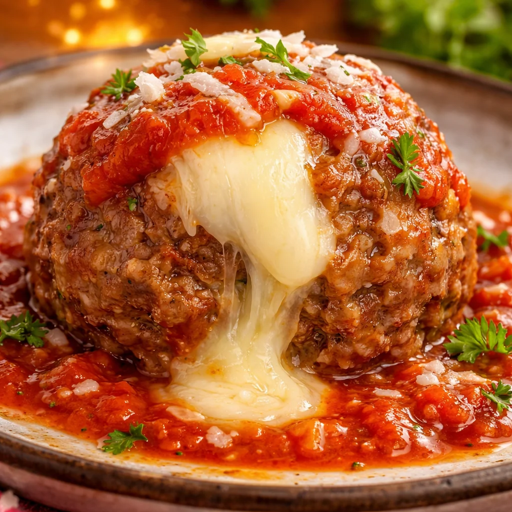 Delicious cheese stuffed meatballs with gooey mozzarella cheese in homemade tomato sauce.