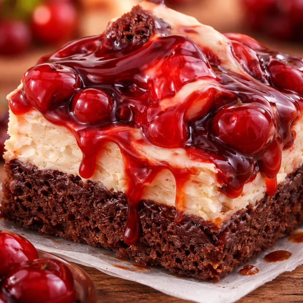 Delicious Cherry Cheesecake Brownies with creamy cheesecake and cherry pie filling.