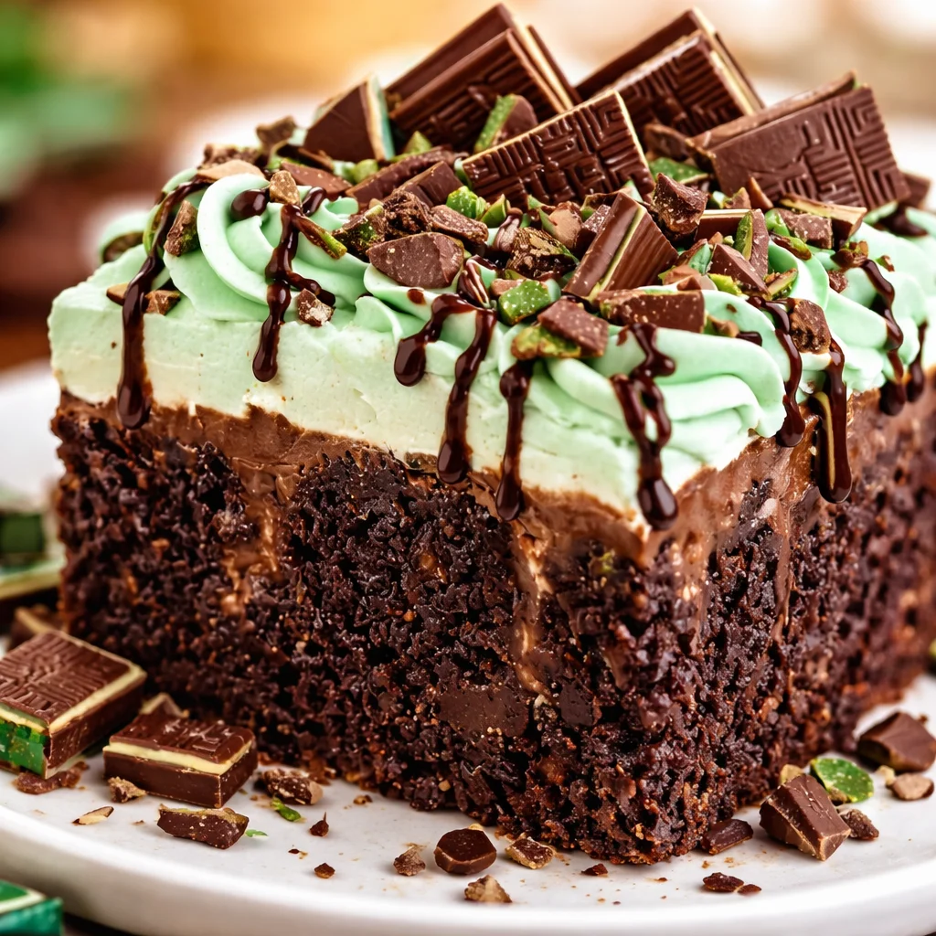 Delicious Chocolate Mint Poke Cake topped with whipped cream and mint candies.