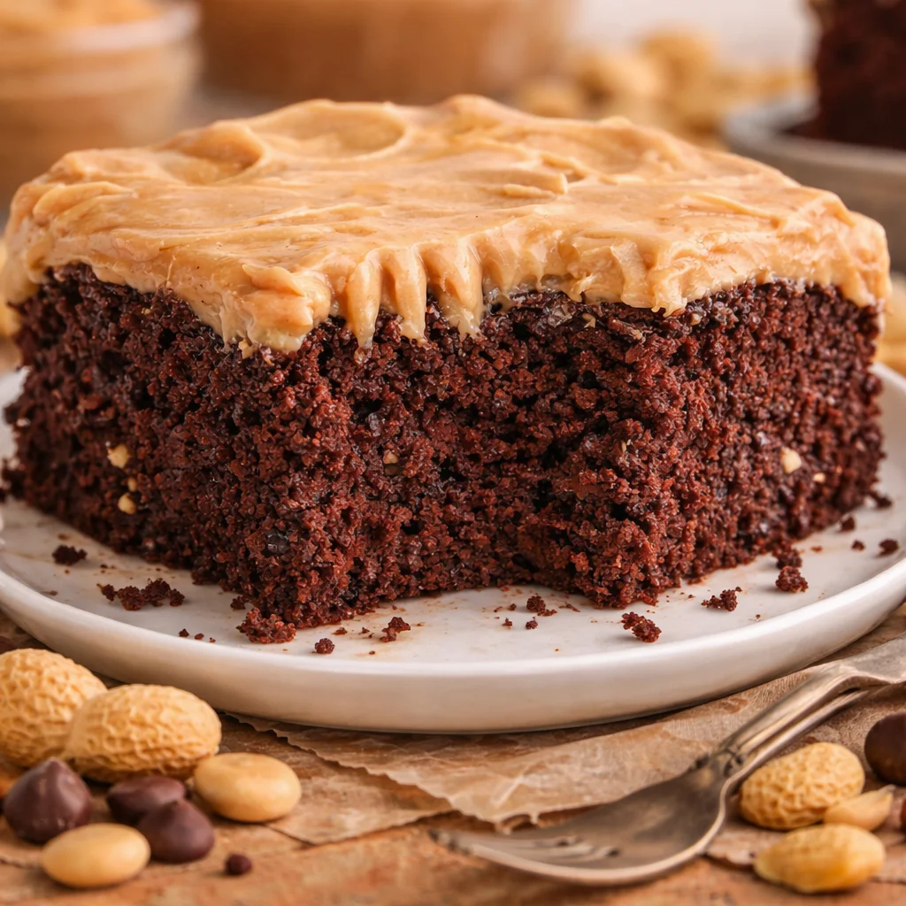 Chocolate Peanut Butter Crazy Cake topped with creamy peanut butter frosting.