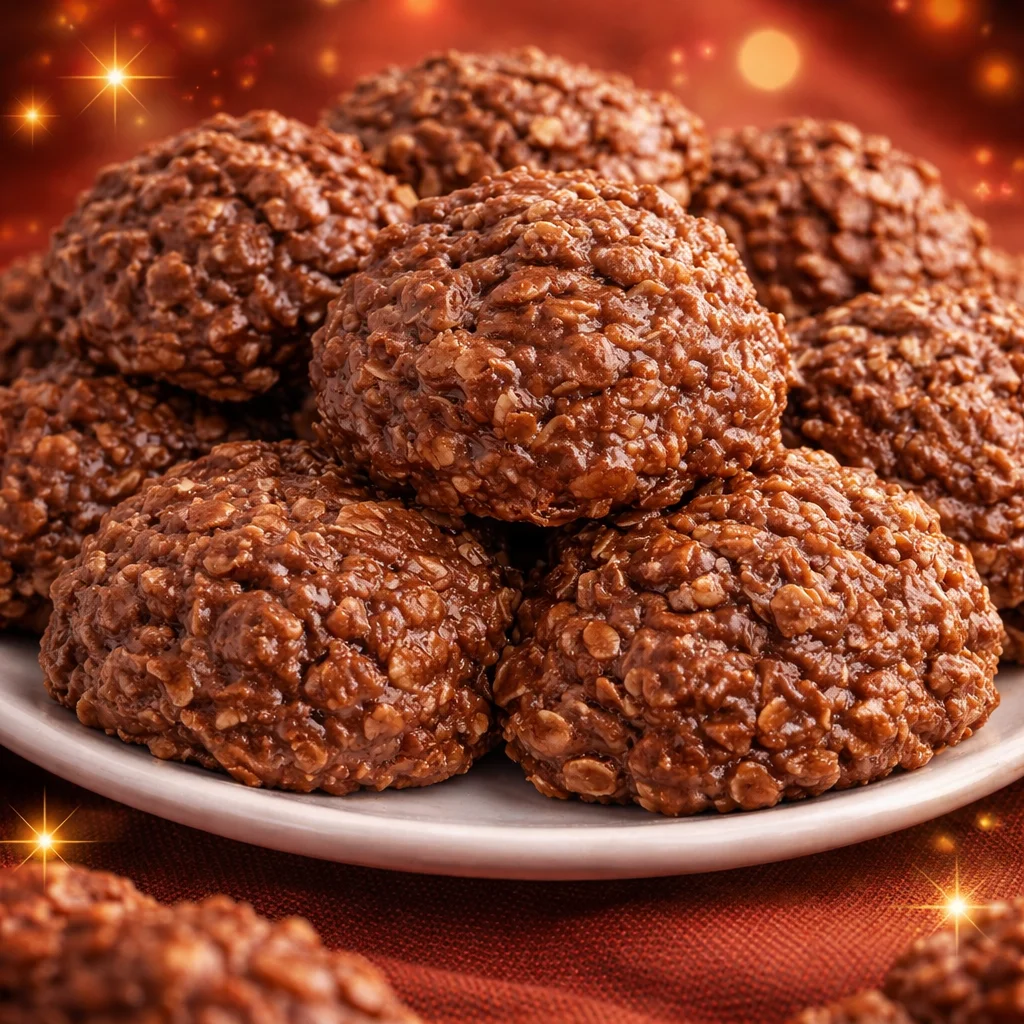 Chocolate Peanut Butter No-Bake Cookies on a plate with chocolate drizzle.