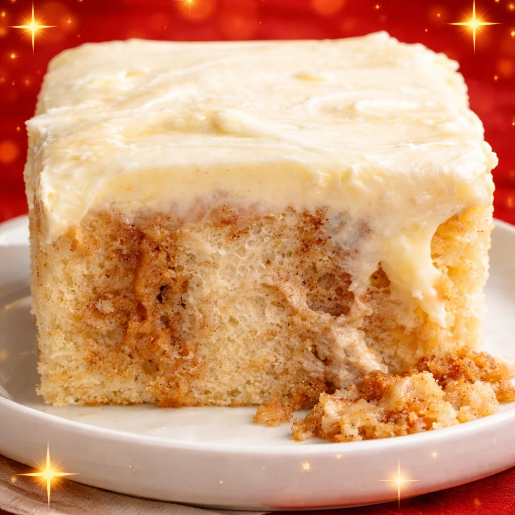 Sliced Cinnamon Roll Poke Cake topped with cream cheese frosting and cinnamon sugar