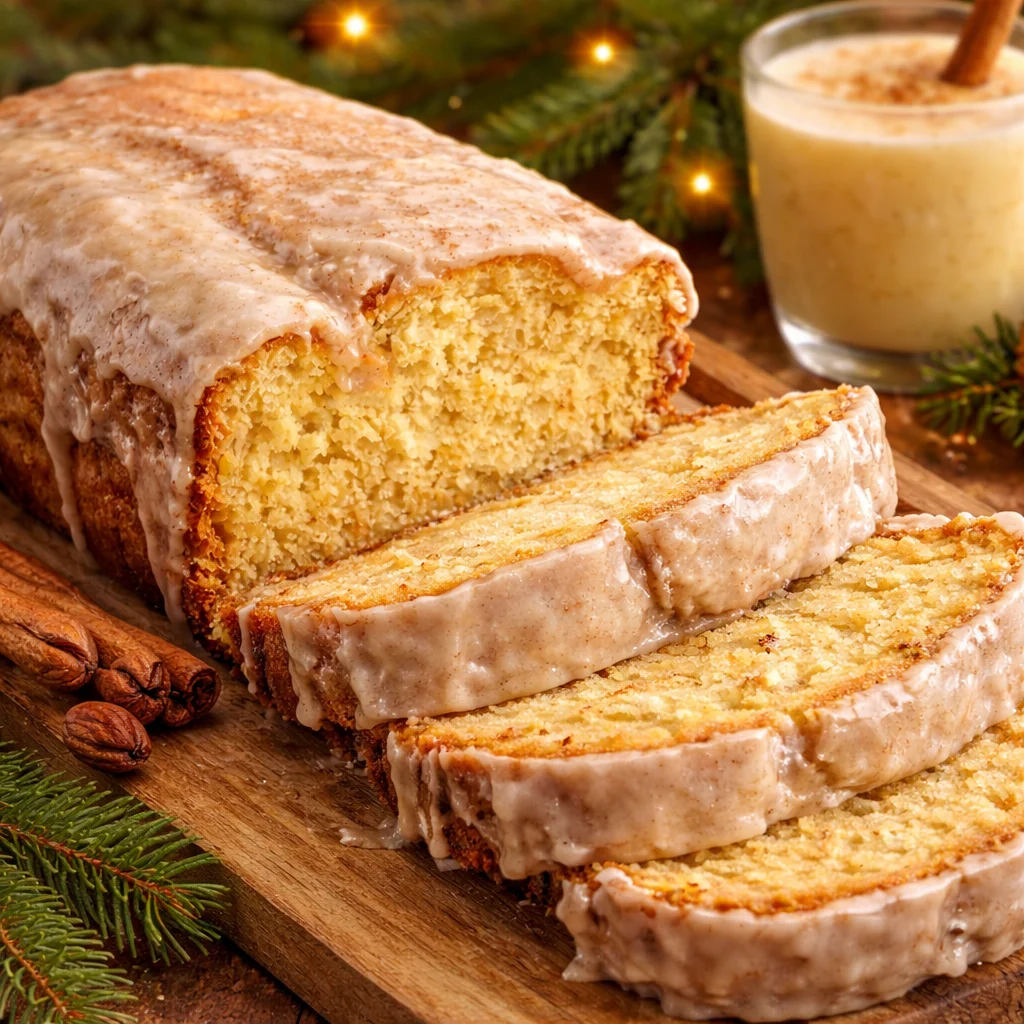 Deliciously glazed Eggnog Bread with festive flavors of nutmeg and rum.