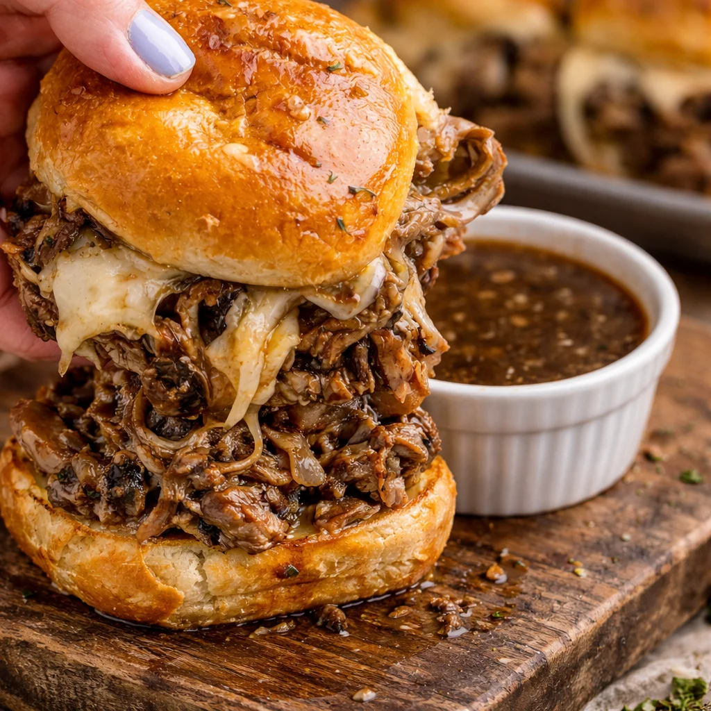 Delicious French Dip Sliders with roast beef, provolone cheese, and au jus dipping sauce.