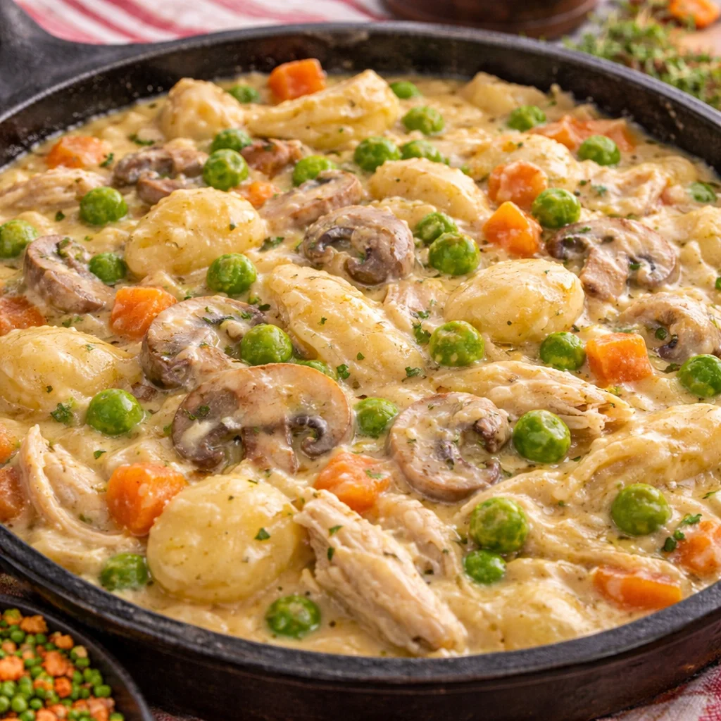 Creamy Gnocchi Chicken Pot Pie served in a cozy bowl, perfect for a weeknight dinner.