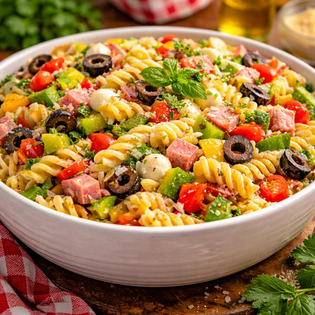 Bowl of Italian Pasta Salad with tomatoes, olives, salami, and mozzarella tossed in zesty dressing.