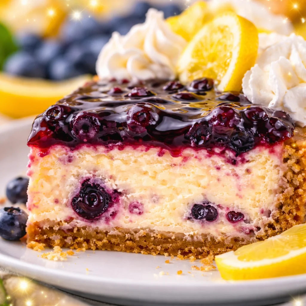 Delicious Lemon Blueberry Cheesecake with graham cracker crust and blueberry topping