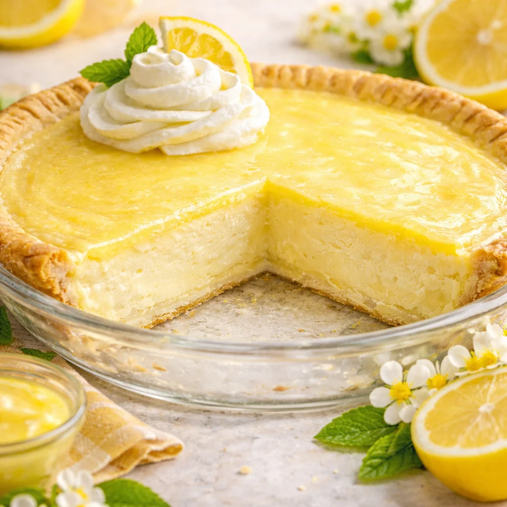 Delicious lemon custard pie with a creamy filling and tart lemon curd topping.