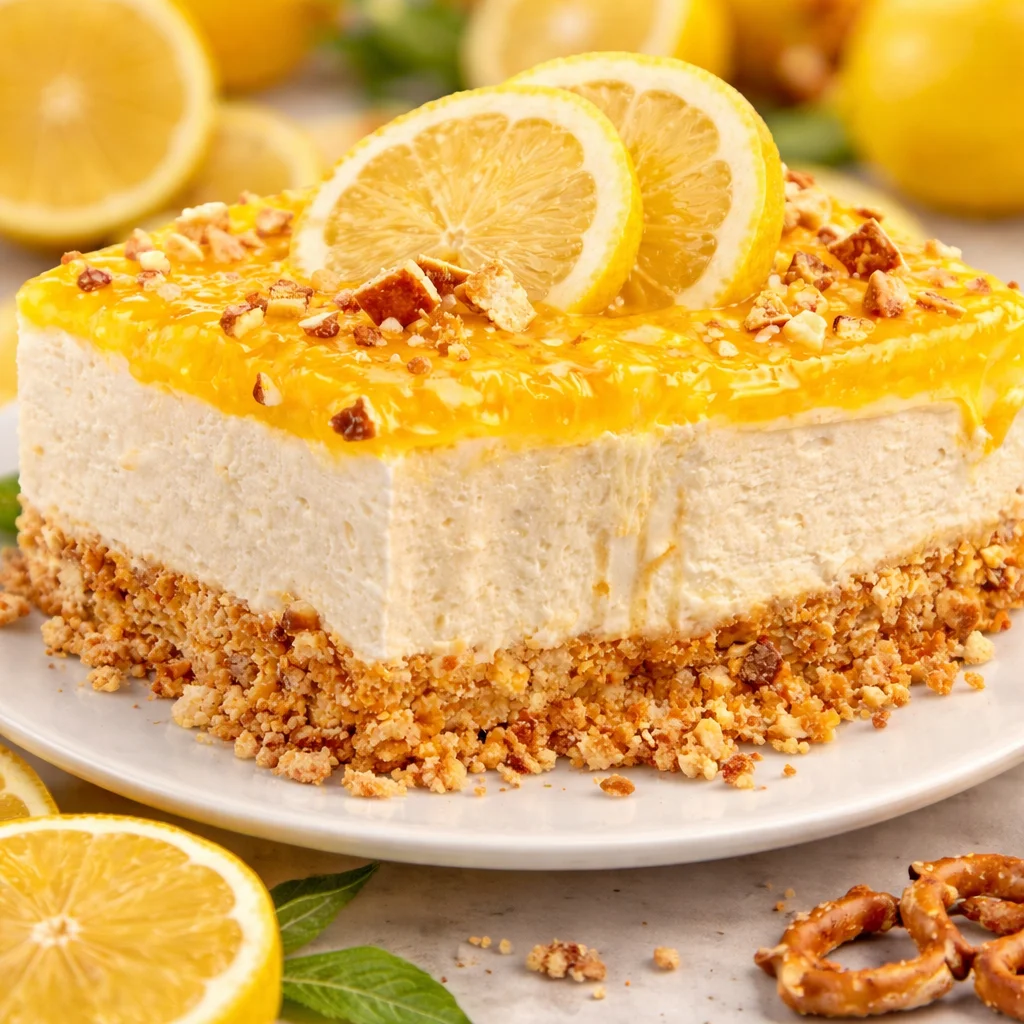 Delicious Lemon Pretzel Dessert with pretzel crust and creamy lemon filling.