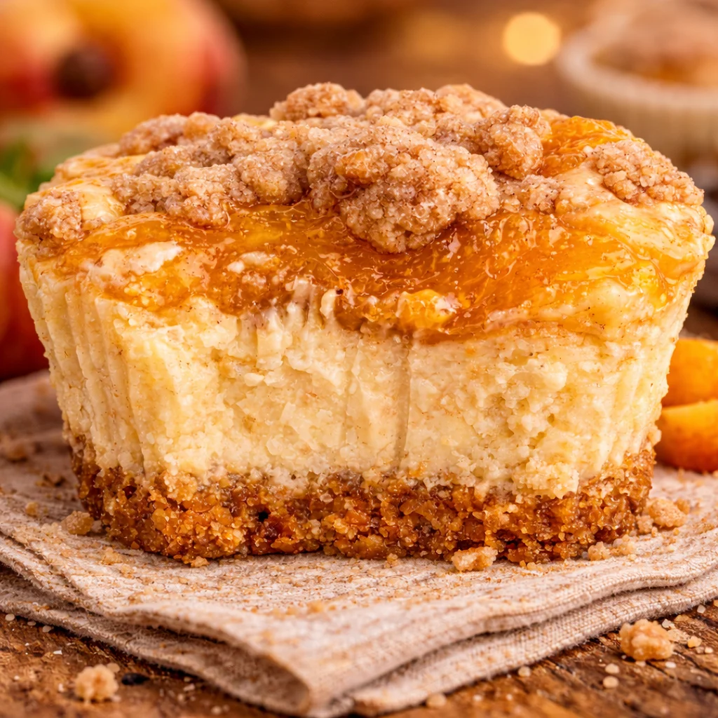 Mini Peach Cobbler Cheesecake Bites with creamy filling and peach topping.