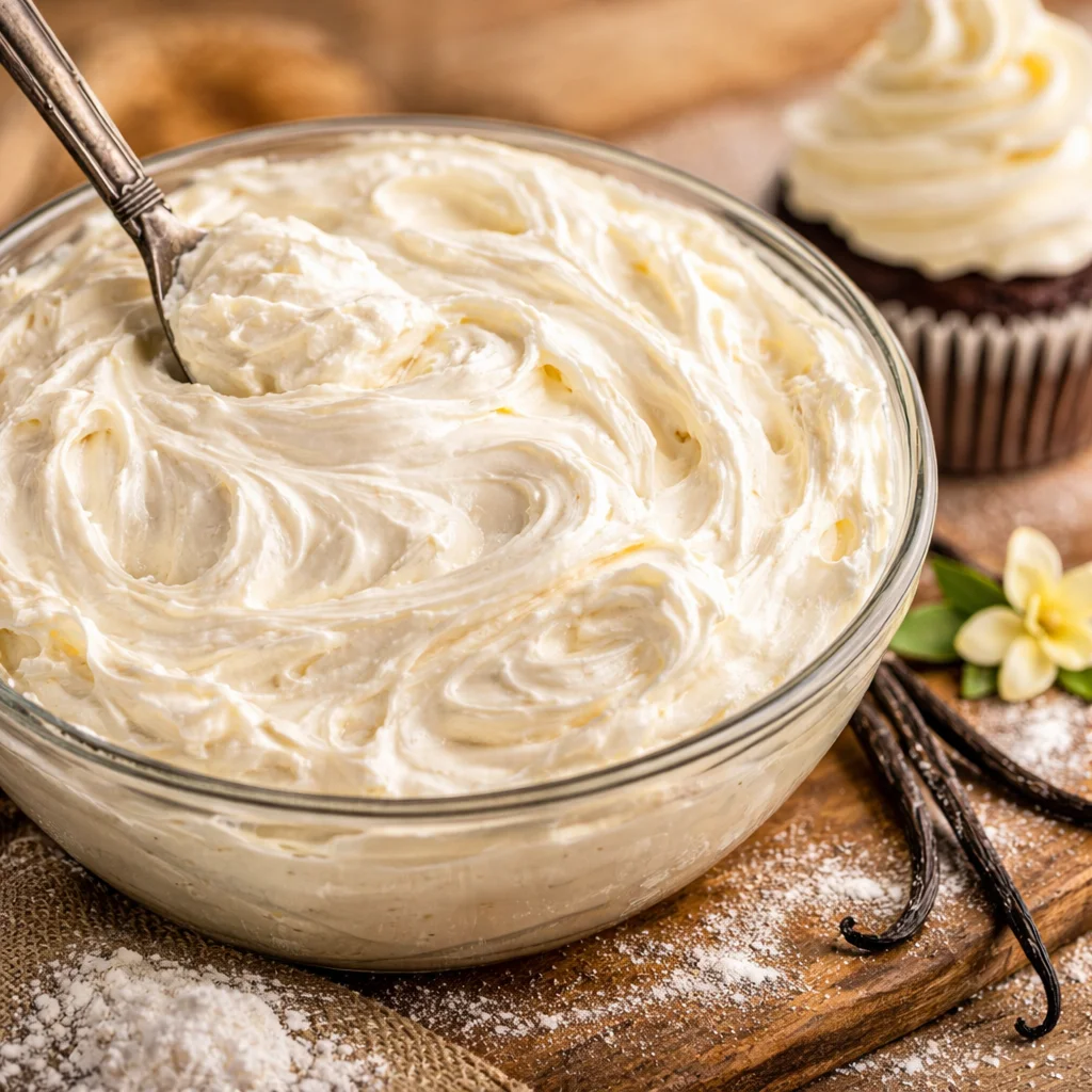 Old-Fashioned Vanilla icing topping on a chocolate cake.