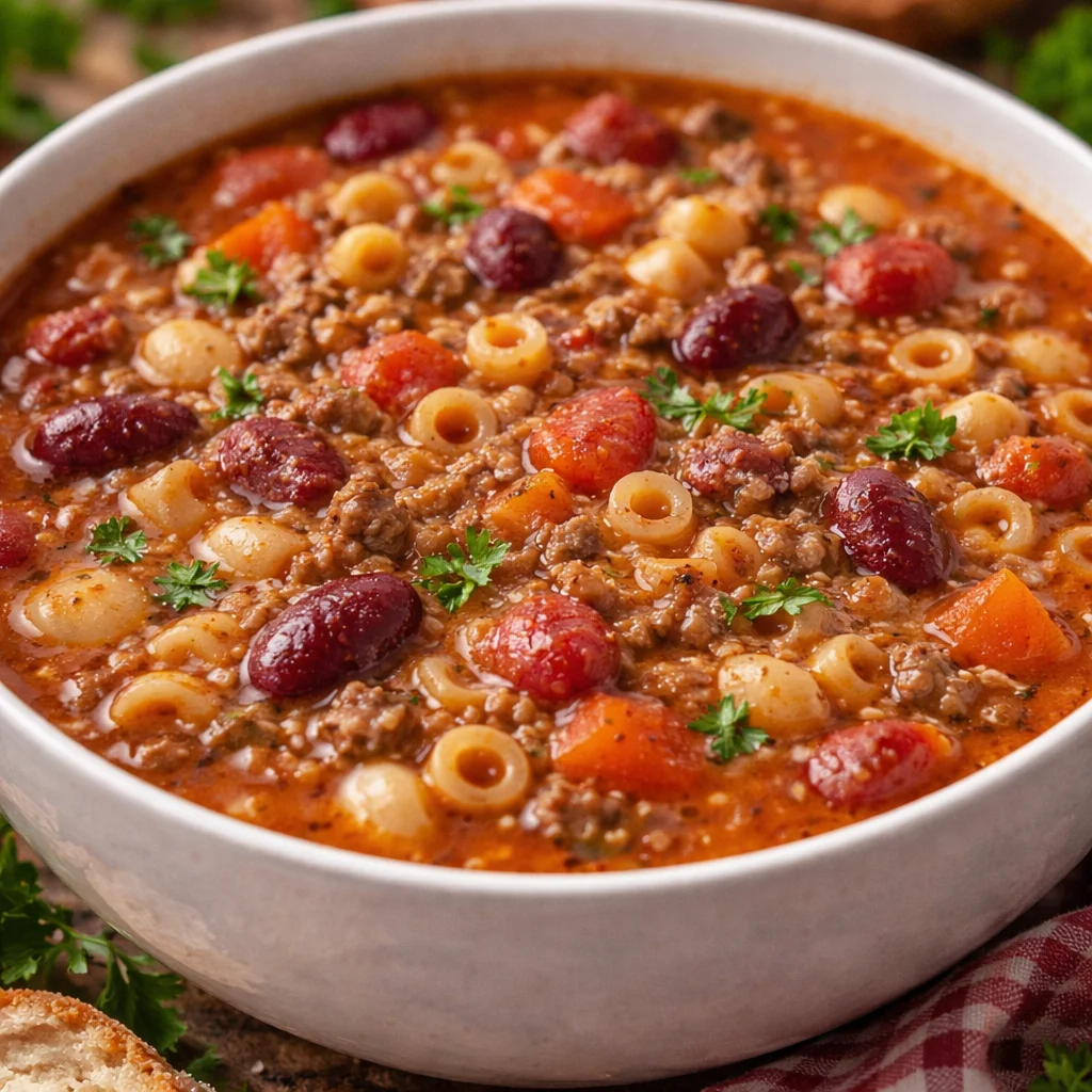 Bowl of Olive Garden Pasta e Fagioli soup filled with beans, pasta, and vegetables.