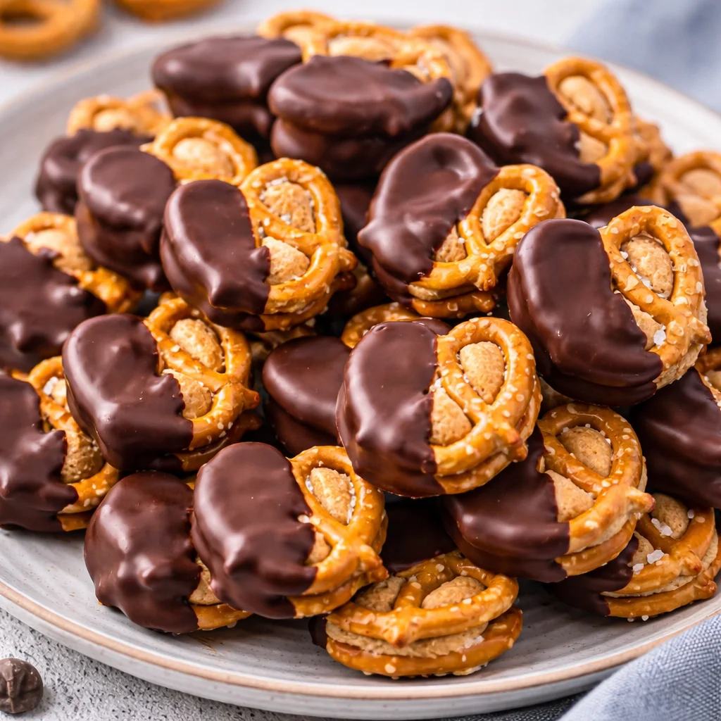 Peanut Butter Pretzel Bites with creamy filling, crunchy pretzels, and chocolate coating.