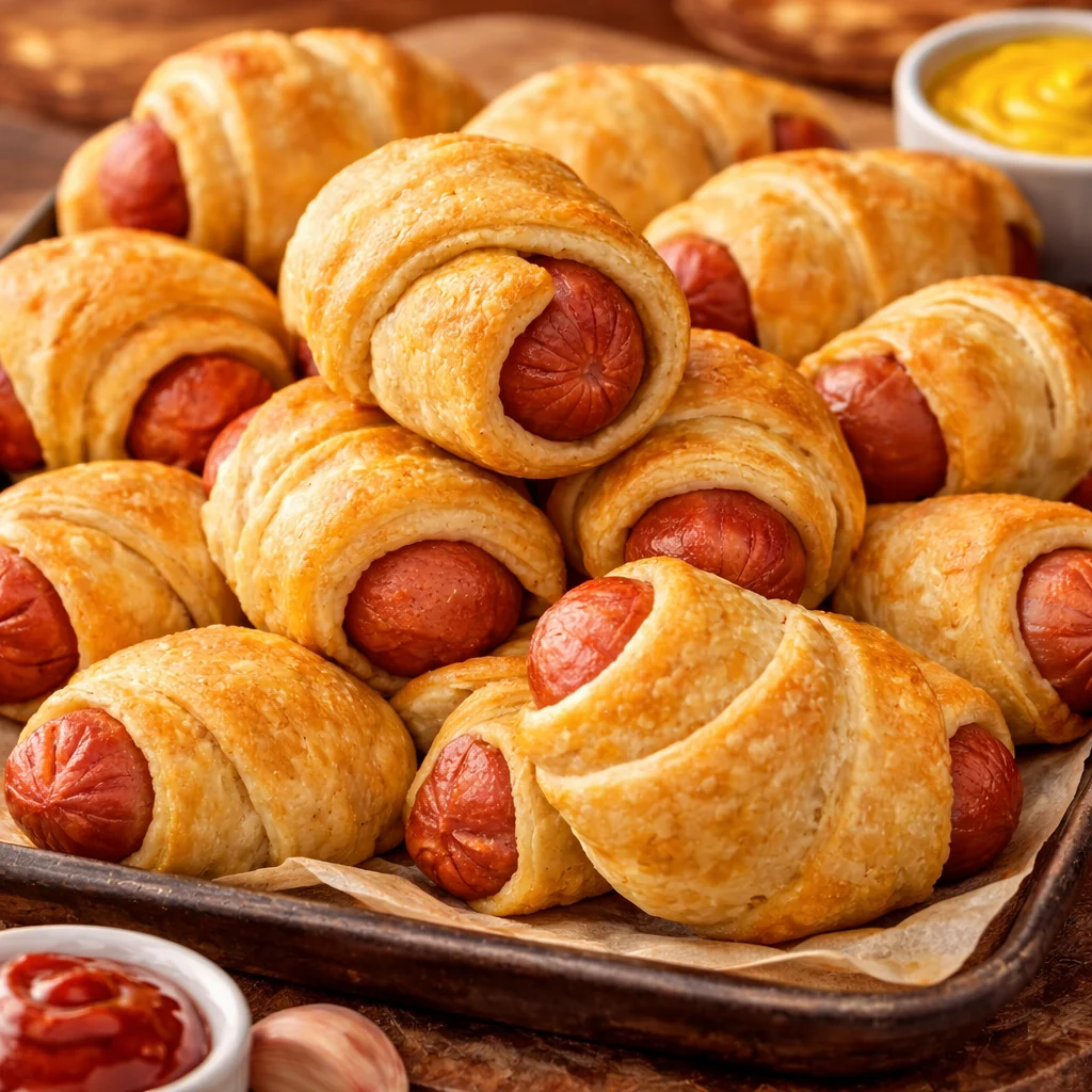 Delicious pigs in a blanket appetizer with flaky pastry and juicy sausages.