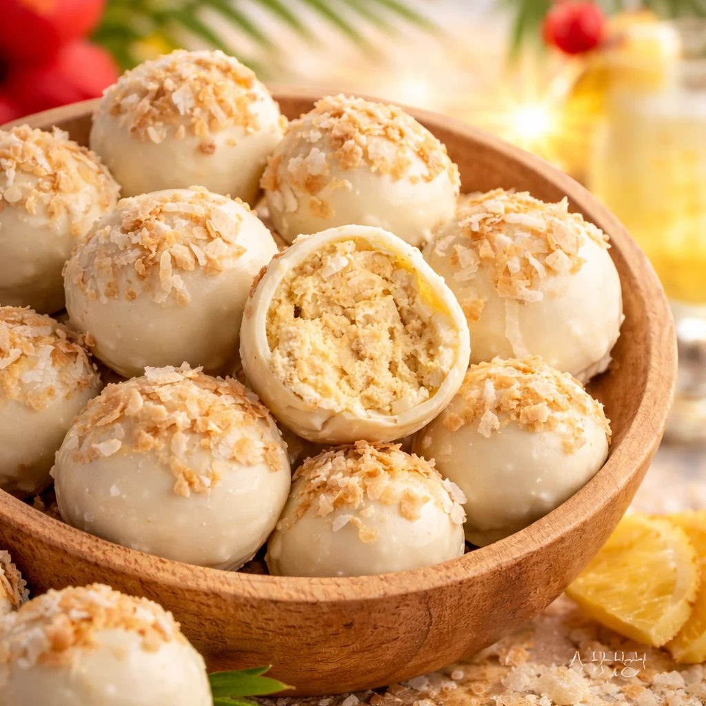 Delicious Piña Colada Truffles coated in white chocolate with pineapple and coconut flavors