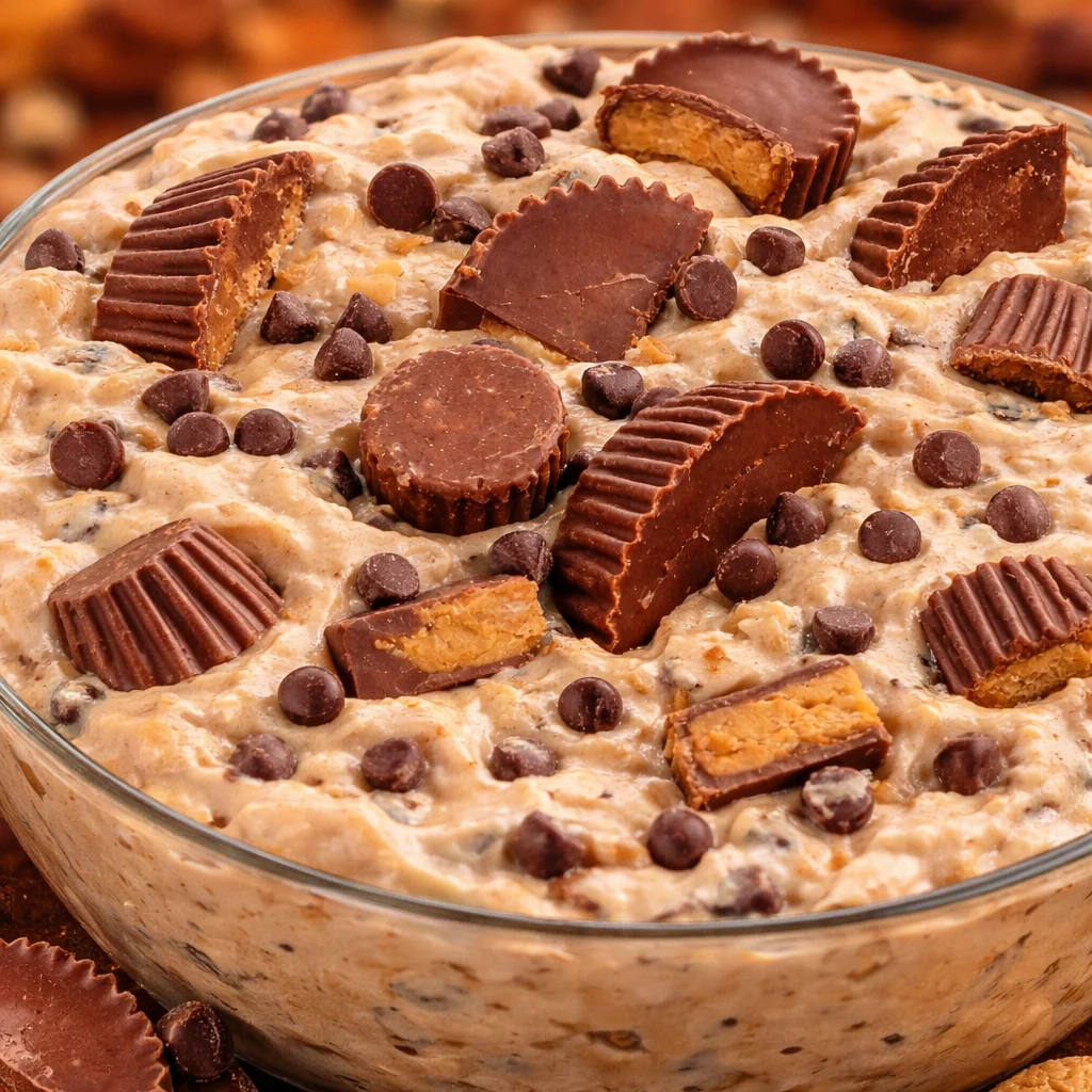 Delicious Reese's Peanut Butter Fluff dessert dip served with chocolate graham crackers.