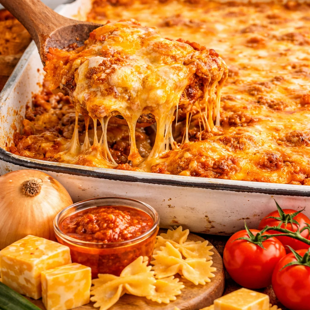 Delicious Sloppy Joe Casserole with ground beef, noodles, and cheesy topping baked to perfection.