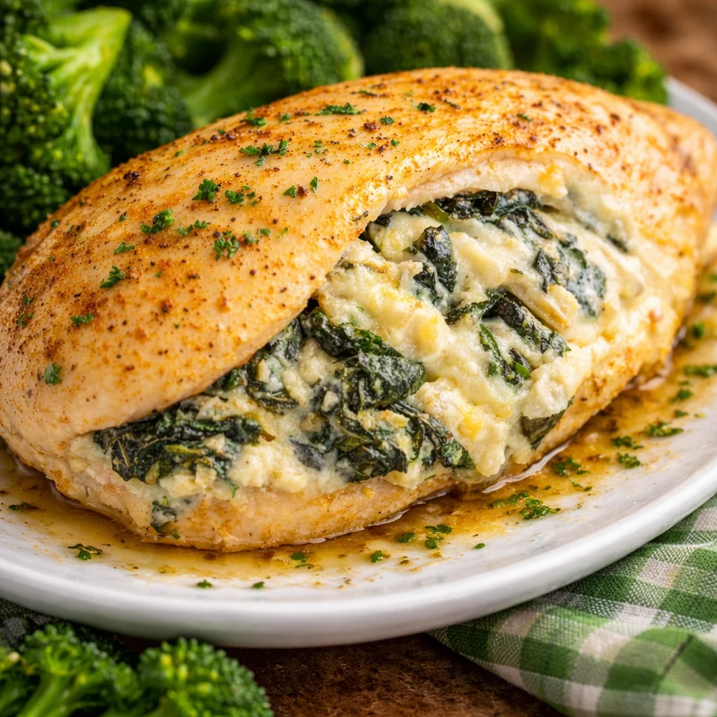 Delicious Spinach Stuffed Chicken Breast with creamy spinach and cheese filling