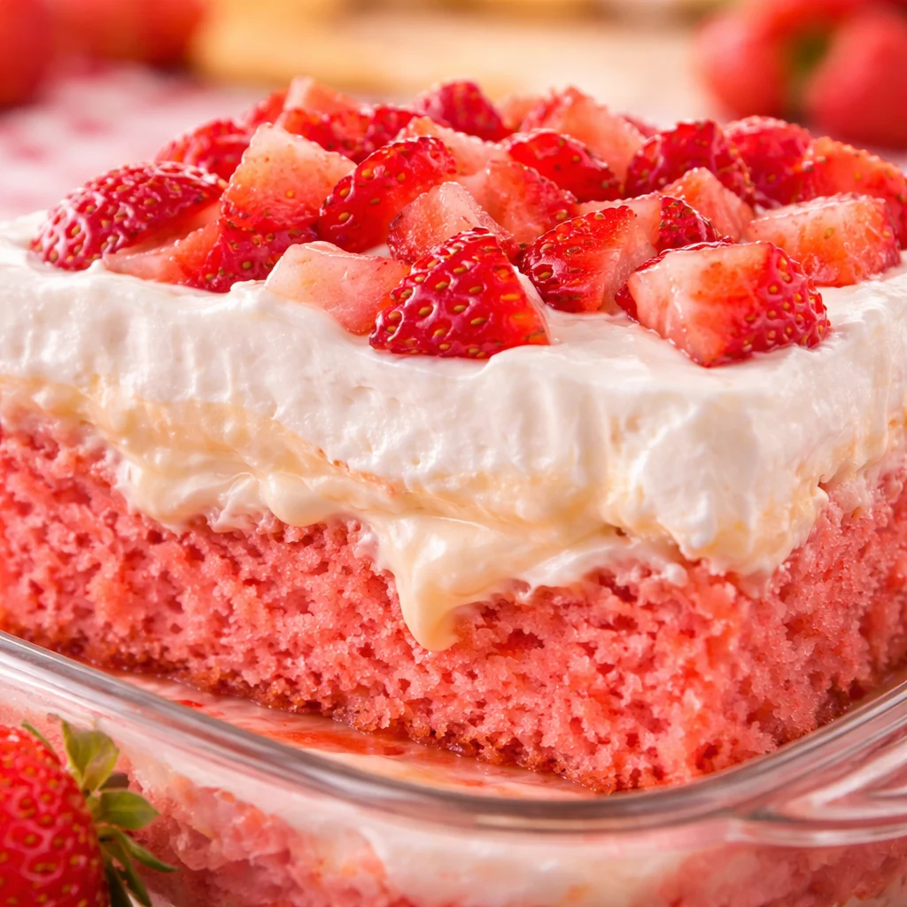 Delicious Strawberry Cheesecake Poke Cake with creamy filling and fresh strawberries