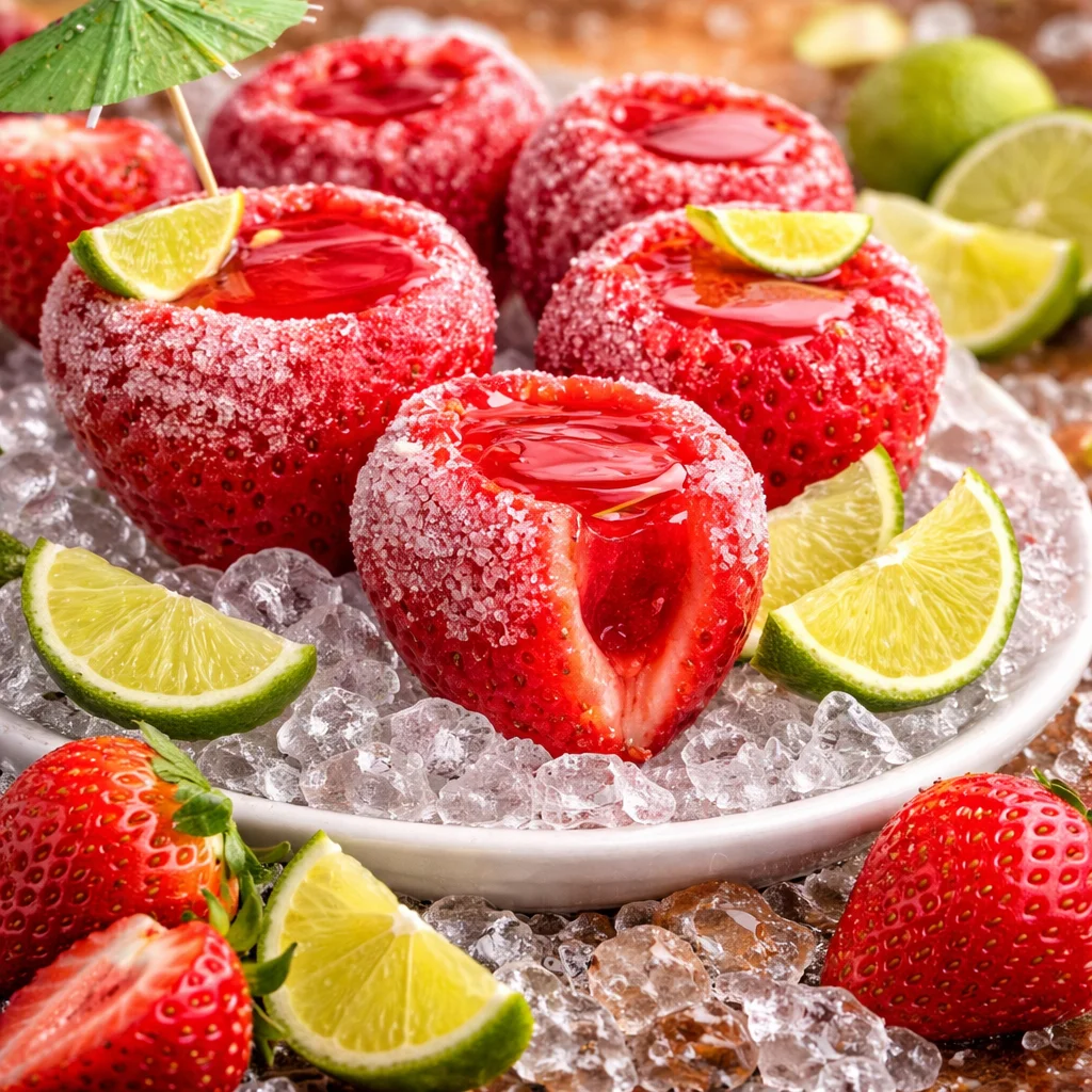 Colorful Strawberry Daiquiri Jello Shots garnished with fresh strawberries.