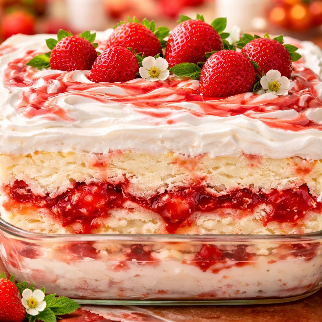 Delicious Strawberry Heaven on Earth cake layered with angel food cake and strawberry pie filling.