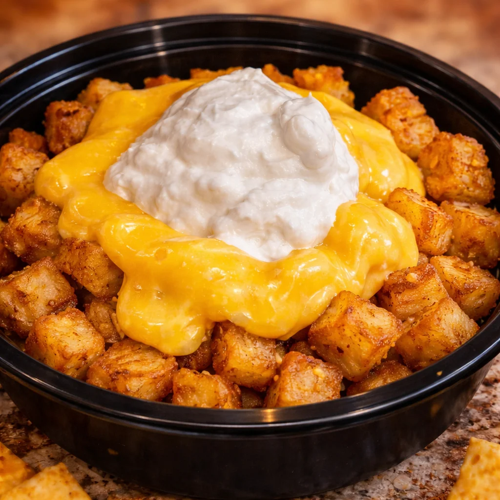 Delicious Taco Bell Fiesta Potatoes copycat recipe with cheesy topping and seasoned potatoes.