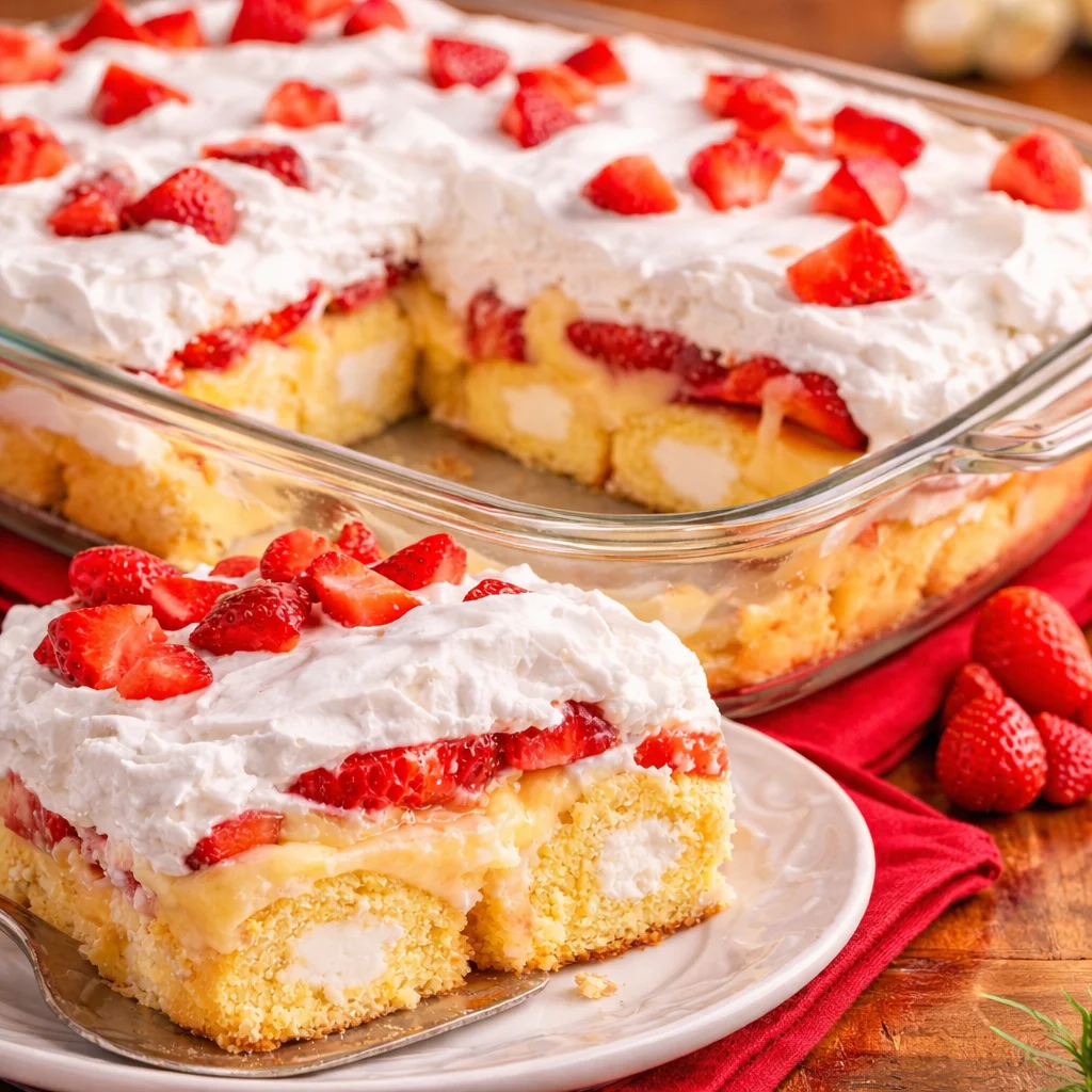 Layered Twinkie Cake with creamy vanilla filling and whipped topping on a plate