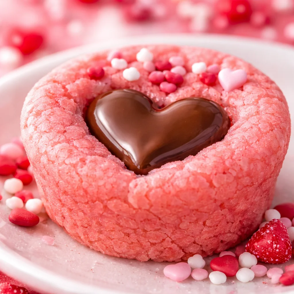 Delicious homemade Valentine’s Day Cookie Cups topped with frosting and candy hugs.