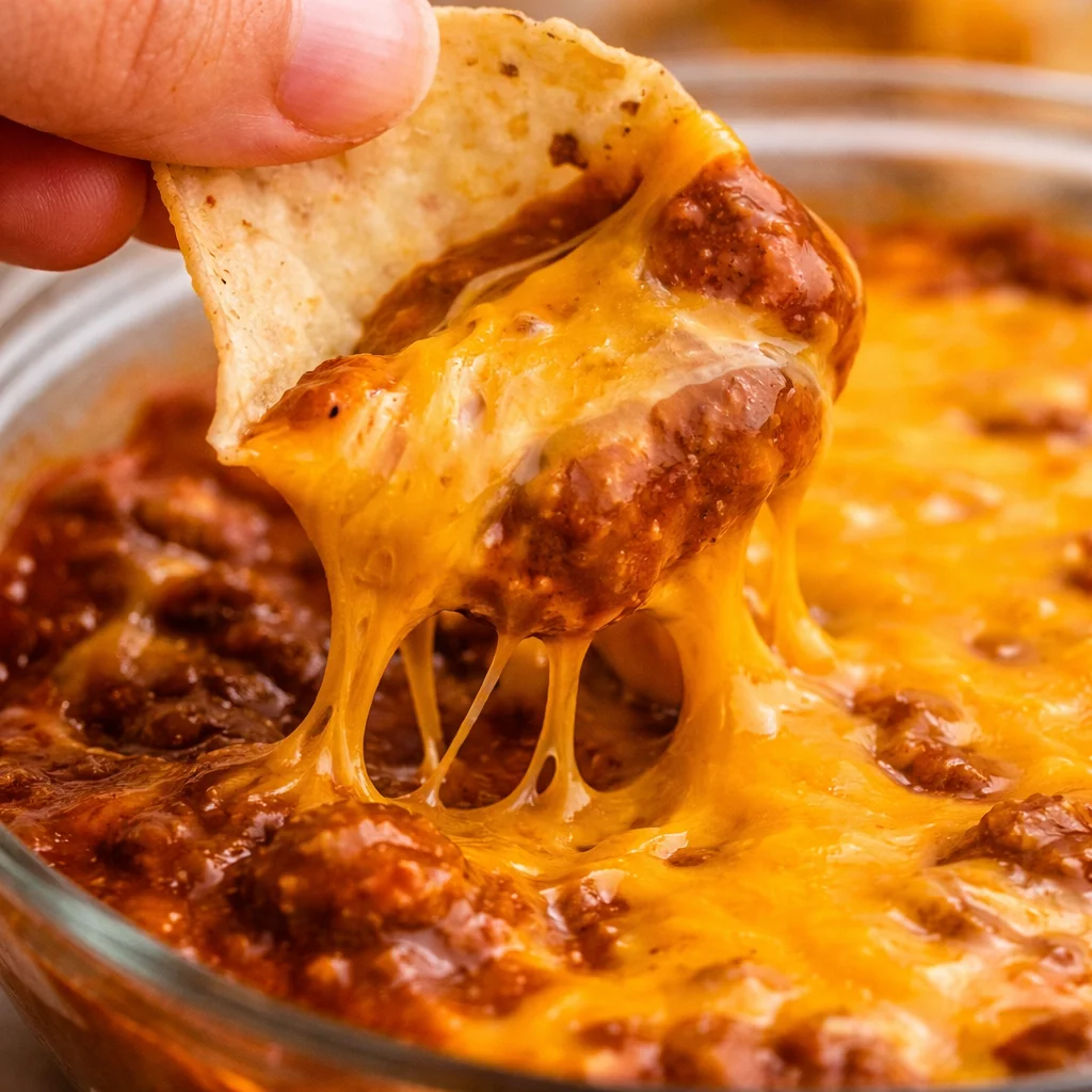 Delicious 3 INGREDIENT CHILI CHEESE DIP served with tortilla chips.