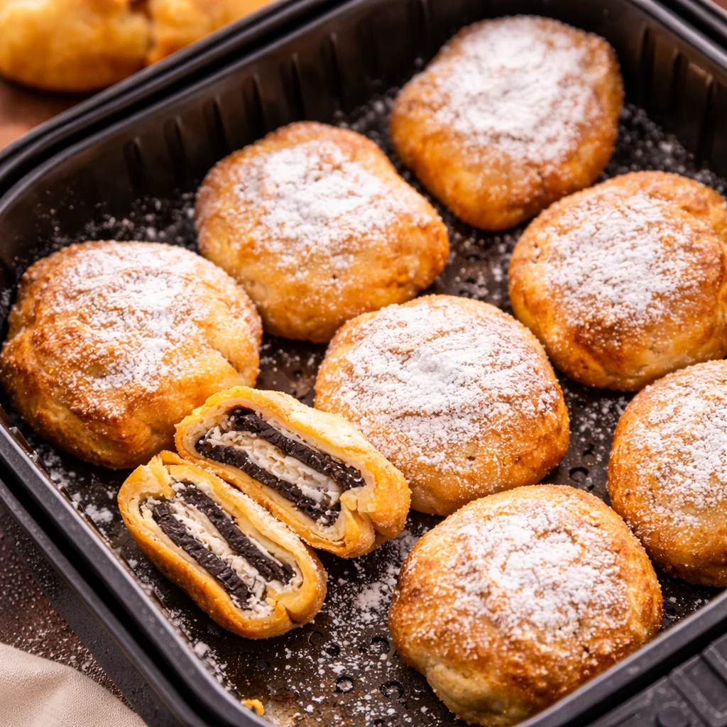 Delicious air-fried Oreos wrapped in crescent rolls, dusted with powdered sugar.