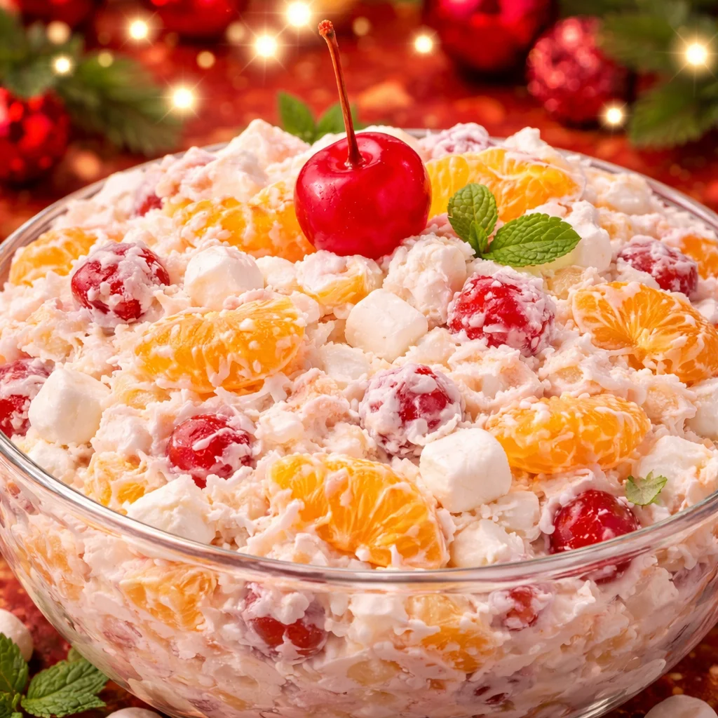 Delicious Ambrosia Salad featuring pineapple, mandarin oranges, and marshmallows.