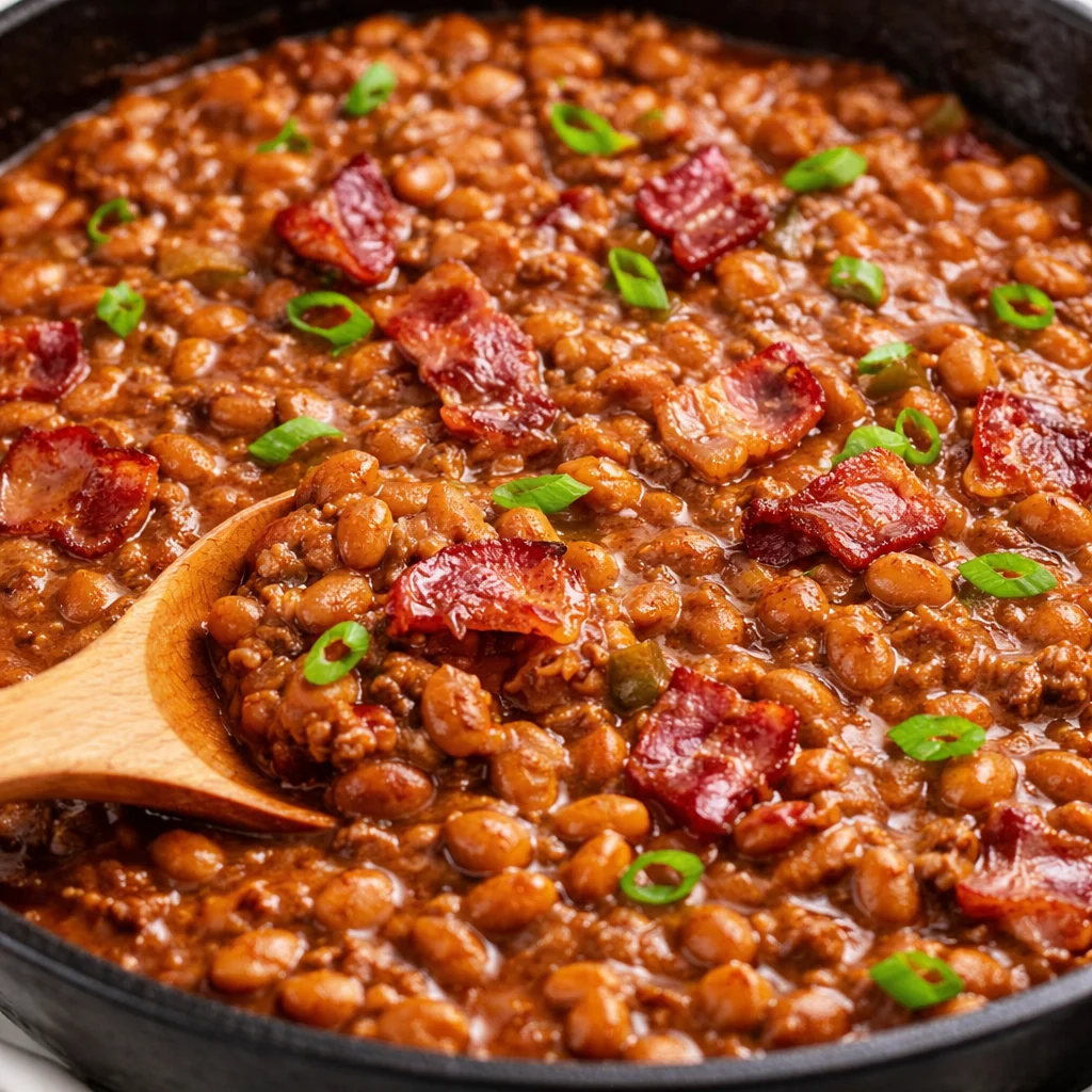 Delicious baked beans with ground beef served in a bowl, ideal for potlucks.