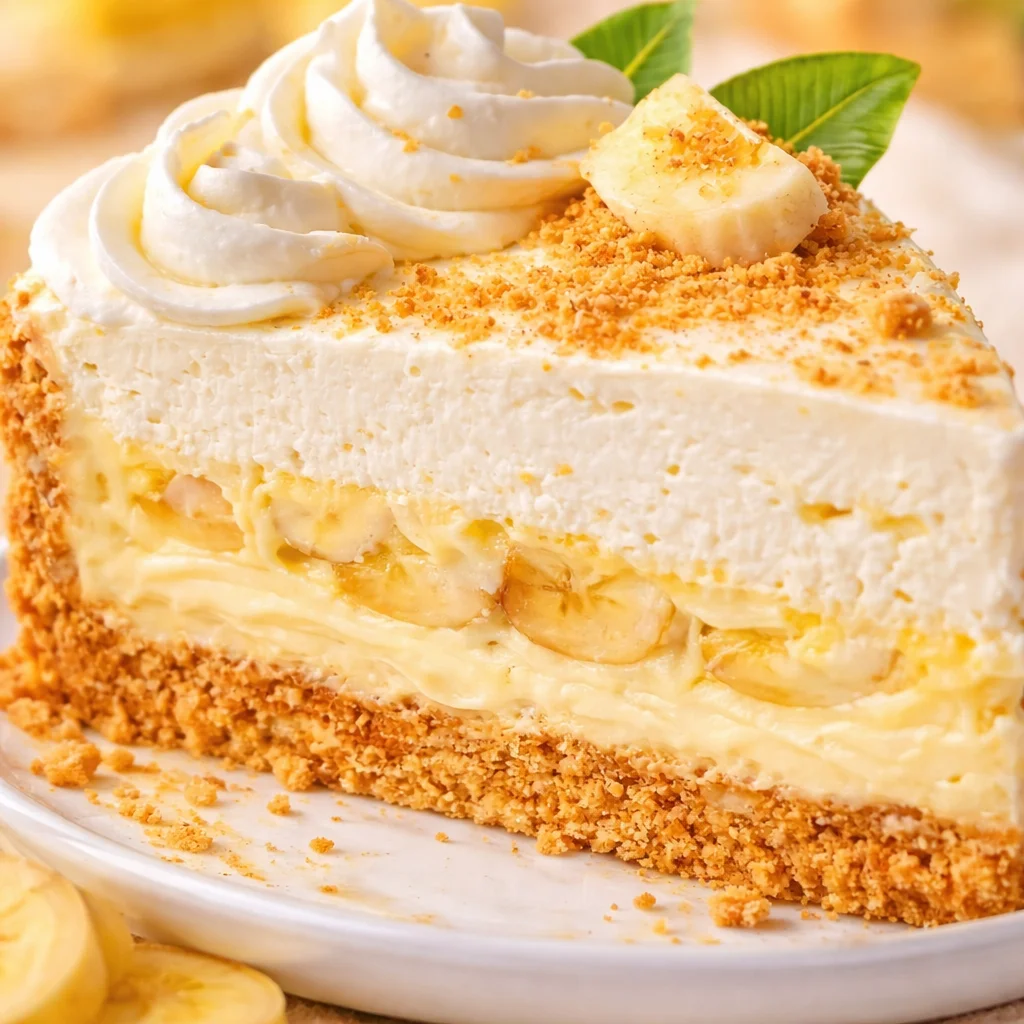 Delicious Banana Cream Cheesecake topped with fresh bananas and whipped cream in a dessert setting.