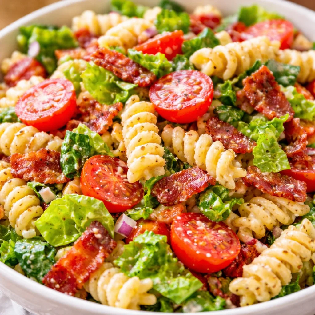 Delicious BLT Pasta Salad with crispy bacon, fresh lettuce, and juicy tomatoes in ranch dressing.