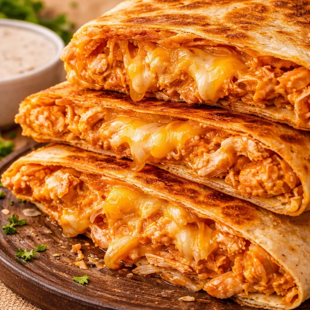 Crispy Buffalo Chicken Quesadilla filled with spicy chicken, cheese, and ranch dressing.