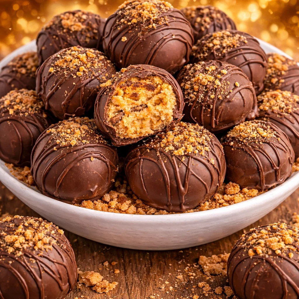 Delicious Butterfinger Balls dipped in chocolate with crushed Butterfingers on top