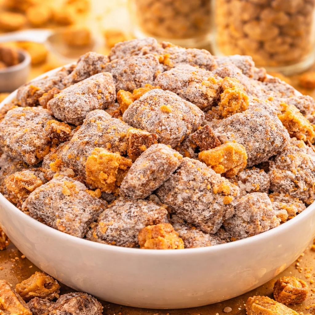 Delicious Butterfinger Puppy Chow made with Chex cereal, chocolate, and Butterfinger bits.