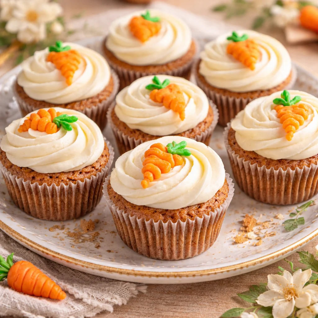 Easter Carrot Cake Cupcake decorated with cream cheese frosting and festive toppings.