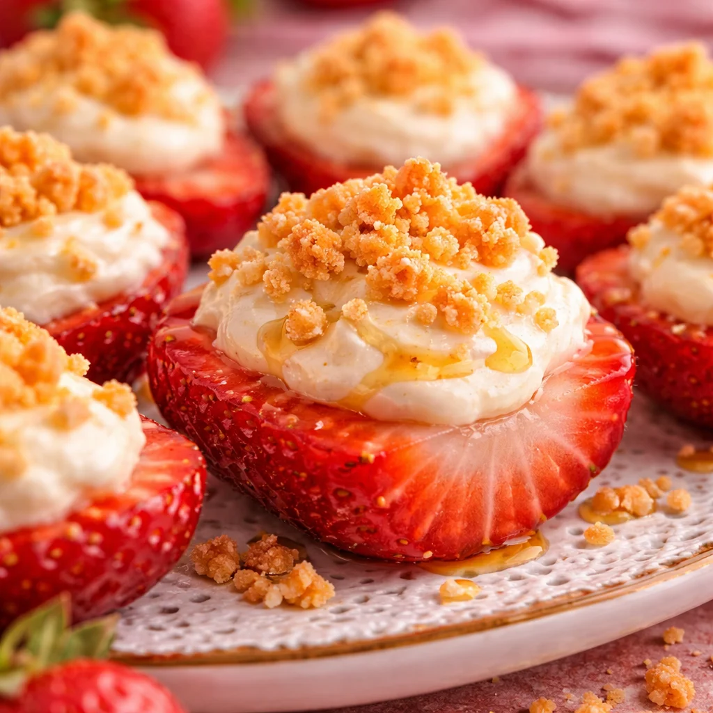 Cheesecake Deviled Strawberries filled with creamy cheesecake and topped with graham crackers.
