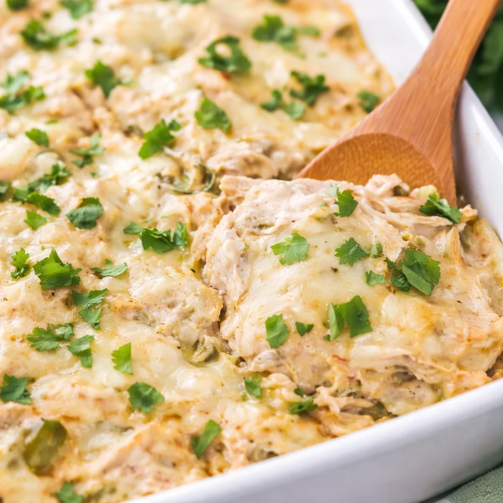 Creamy Cheesy Chicken & Green Chili Lasagna with layers of chicken and cheese.