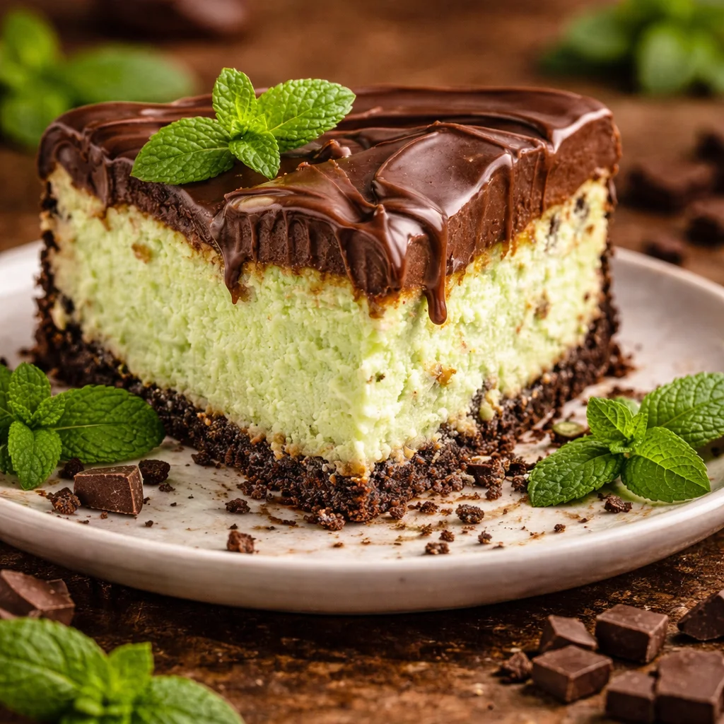 A decadent Chocolate Mint Cheesecake with an Oreo crust and mint filling, garnished with chocolate shavings.