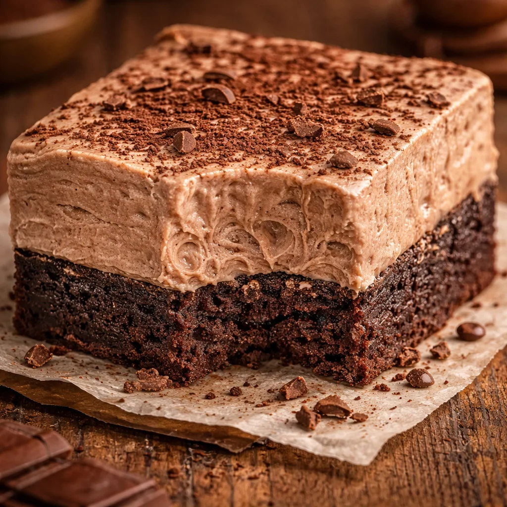 Decadent Chocolate Mousse Brownies with fudgy base and creamy mousse topping.