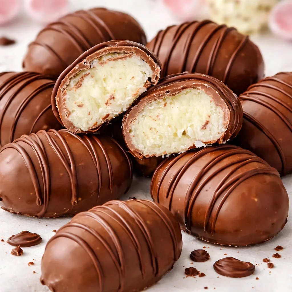 Homemade Coconut Cream Easter Eggs filled with coconut and covered in chocolate.