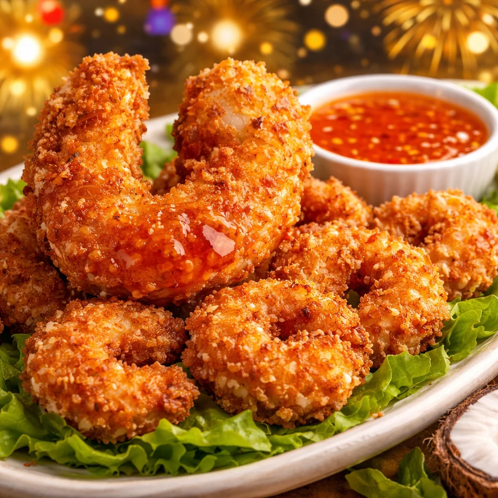 Crispy Coconut Shrimp served with a dipping sauce on a plate.