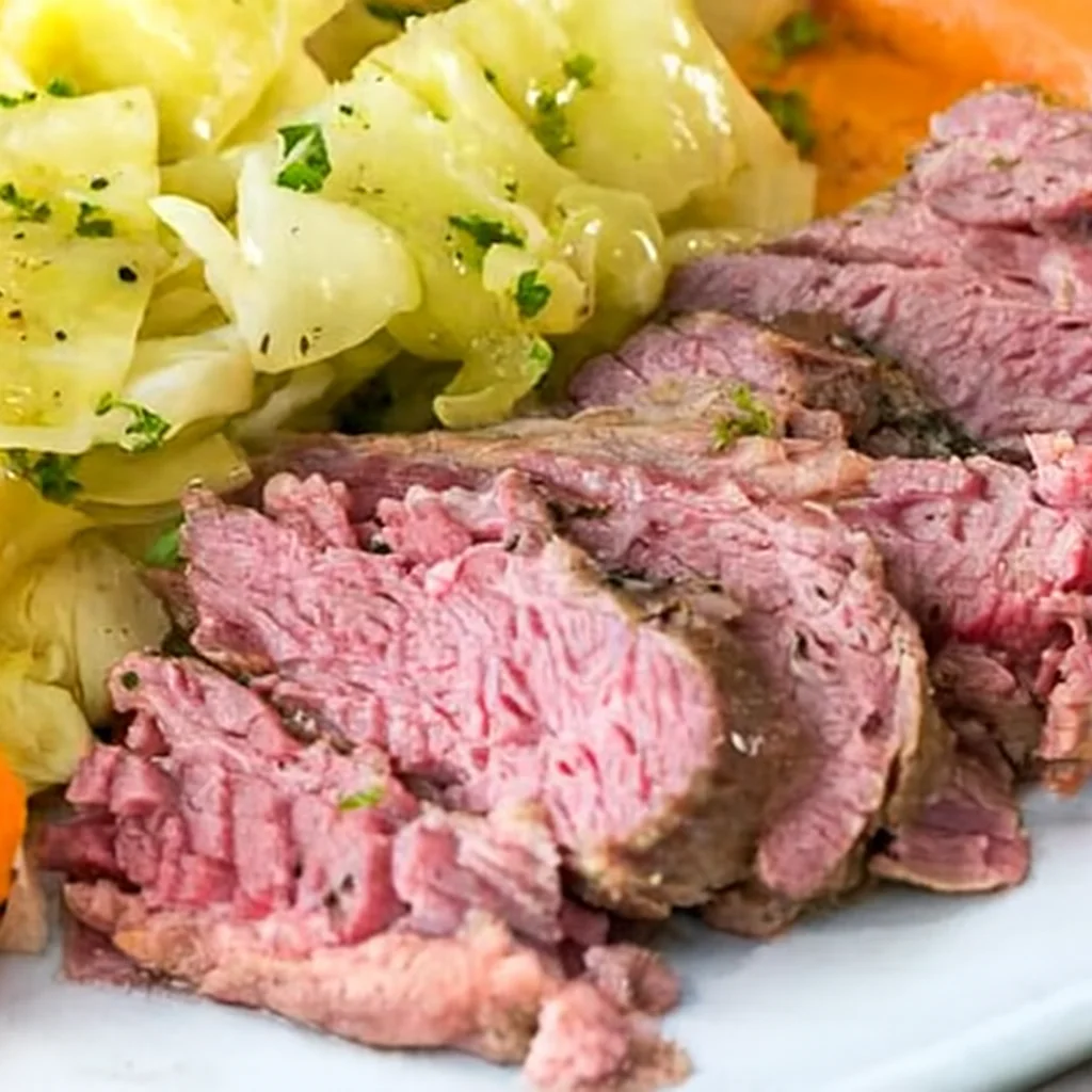 Delicious corned beef and cabbage served with potatoes and carrots in savory broth.