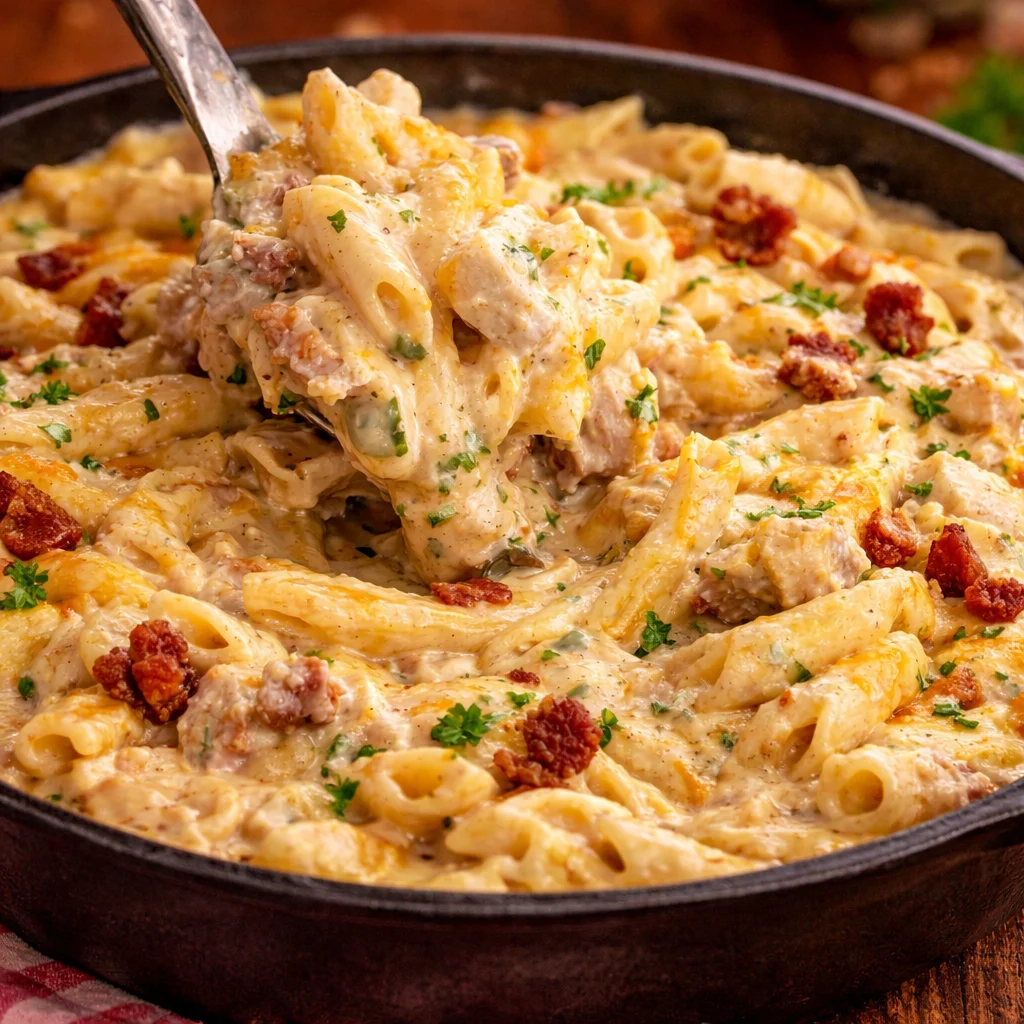 Delicious Crack Chicken Penne with creamy sauce, bacon, and chicken in a skillet.